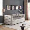 Favfurish Linen Upholstered Twin Size Daybed Trundle, Solid Wooden Sofa Bed Frame w/Button Tufted and Copper Nail on Square Arms, No Spring Box Need, for Kids, Bedroom, Dorm, Beige view 3