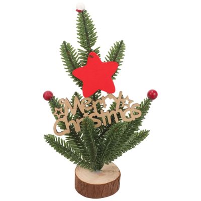 ABOOFAN Small Christmas Tree Figurine with Wood Base Merry Christmas Table Sign Artificial Xmas Tree Miniature Pine Needle Trees Berry Flower Table Ornament