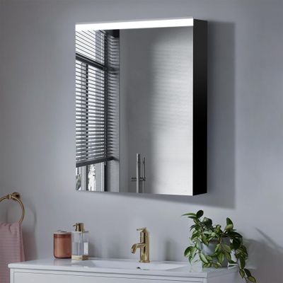 Liviza 24'' x 30'' Surface Lighted Medicine Cabinet with Mirror, Matte Black Bathroom Medicine Cabinet with 2 Adjustable Glass Shelves, Aluminum Frame, Left Opening Door