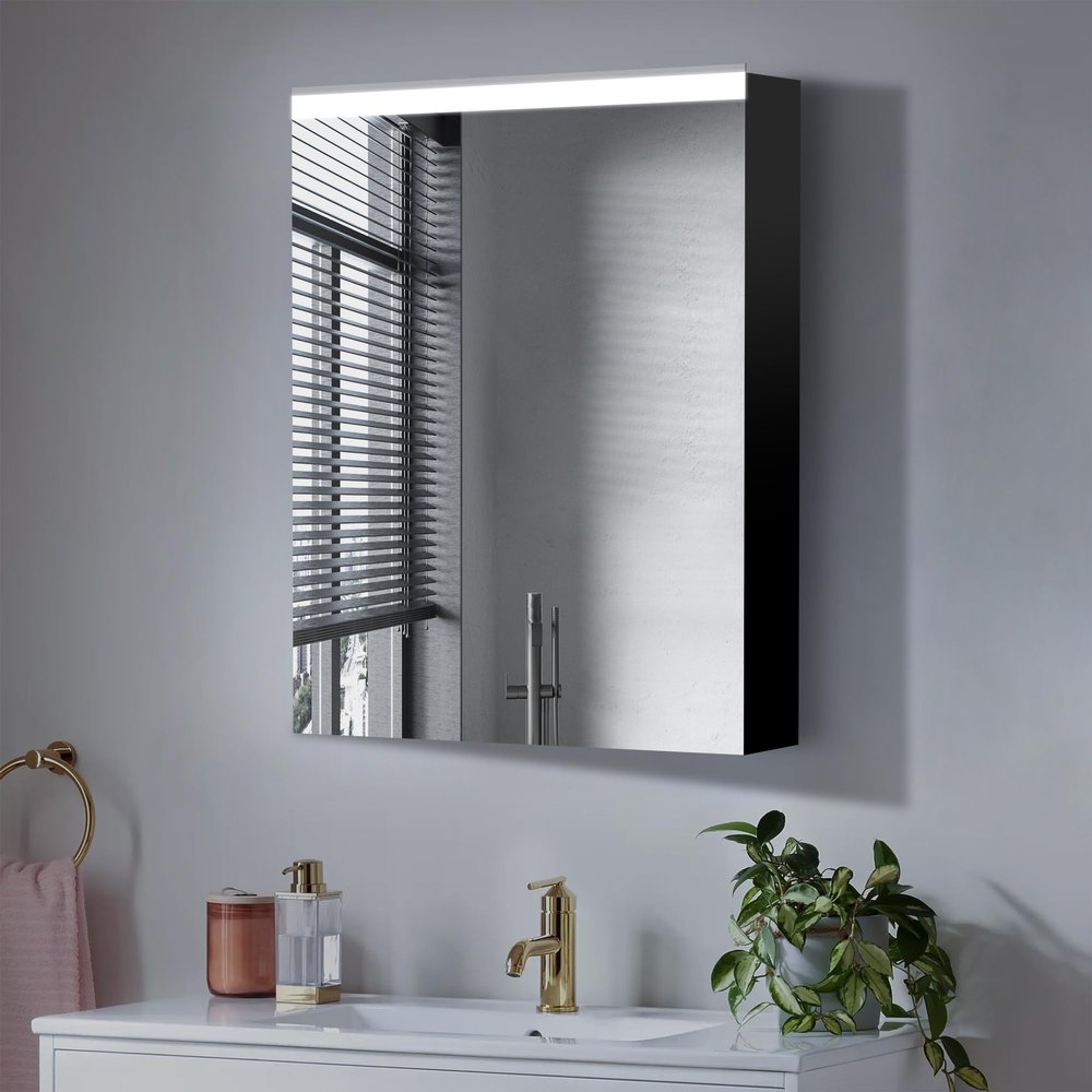 Liviza 24'' x 30'' Surface Lighted Medicine Cabinet with Mirror, Matte Black Bathroom Medicine Cabinet with 2 Adjustable Glass Shelves, Aluminum Frame, Left Opening Door