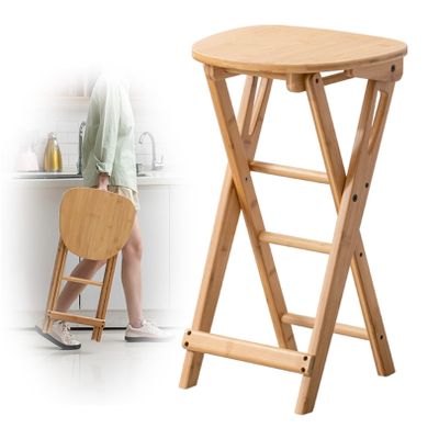 Pealihuy Backless Counter Height Collapsible Stool, Seat Height 24in Folding Bar Stool, Bamboo Foldable Bar Chair, Adult High Chair with Footrest