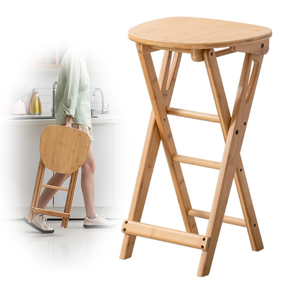 Pealihuy Backless Counter Height Collapsible Stool, Seat Height 24in Folding Bar Stool, Bamboo Foldable Bar Chair, Adult High Chair with Footrest