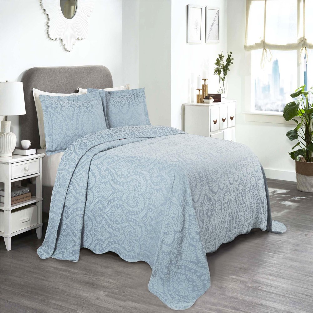 BNM Cotton Blend 2 Piece Bedspread Set, Oversized Bed Spread, 1 Pillow Sham, Medium Weight Blanket, Home Bed Decor, Floral Scalloped Bedding, Matelasse Coverlet, Bedding Essentials, Twin, Light Blue