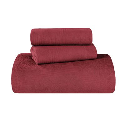 BNM Cotton 3 PC Bedspread Set, Home Bed Decor, Warm Bedding, 1 Oversized Bedspread, 2 Pillow Shams, Medium Weight Blanket, Scrolling Medallion, Matelasse Coverlet, Bedding Essentials, Full, Garnet Red