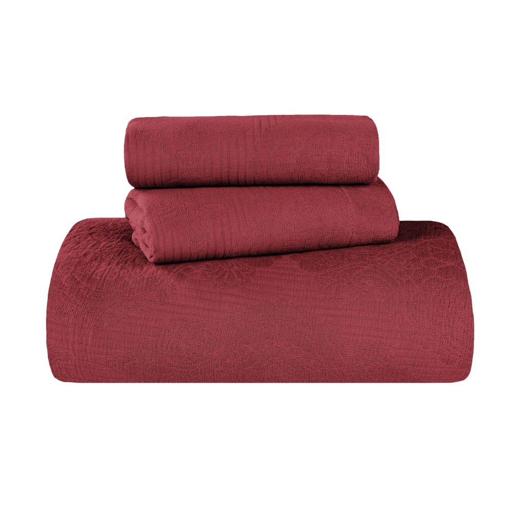 BNM Cotton 3 PC Bedspread Set, Home Bed Decor, Warm Bedding, 1 Oversized Bedspread, 2 Pillow Shams, Medium Weight Blanket, Scrolling Medallion, Matelasse Coverlet, Bedding Essentials, Full, Garnet Red