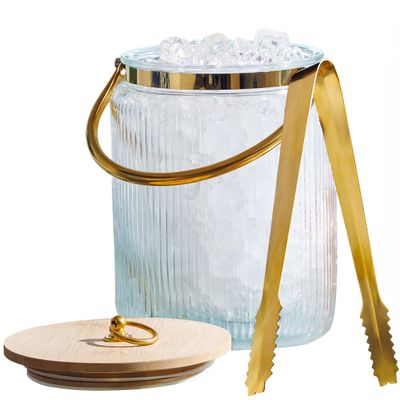 Le'raze Glass Ice Bucket with Airtight Lid, Tong Scooper and Handle - 3L Ribbed Beverage Tub Cocktail Home Bar Accessories, Wine, Beer Chiller for Parties, Champagne Drink Cooler Hinged Handles