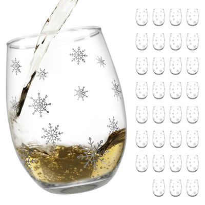 BANBERRY DESIGNS Stemless Wine Glasses - Snowflake Wine Glass - Set of 32 - Winter Holiday Glasses with Silver Snowflake Design - 20 oz Capacity