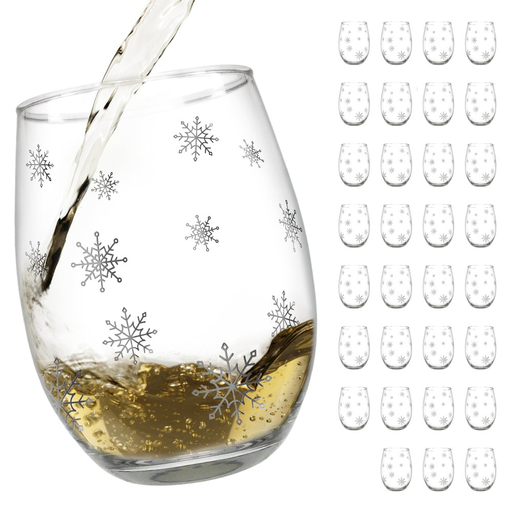 BANBERRY DESIGNS Stemless Wine Glasses - Snowflake Wine Glass - Set of 32 - Winter Holiday Glasses with Silver Snowflake Design - 20 oz Capacity