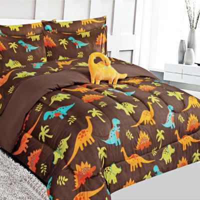 6 Piece Twin Size Toodler Kids Comforter Bed in a Bag Complete Bedding Set Girls Boys Sheets Set Pillow Sham and Decorative Pillowsham (Dinosaur Brown)