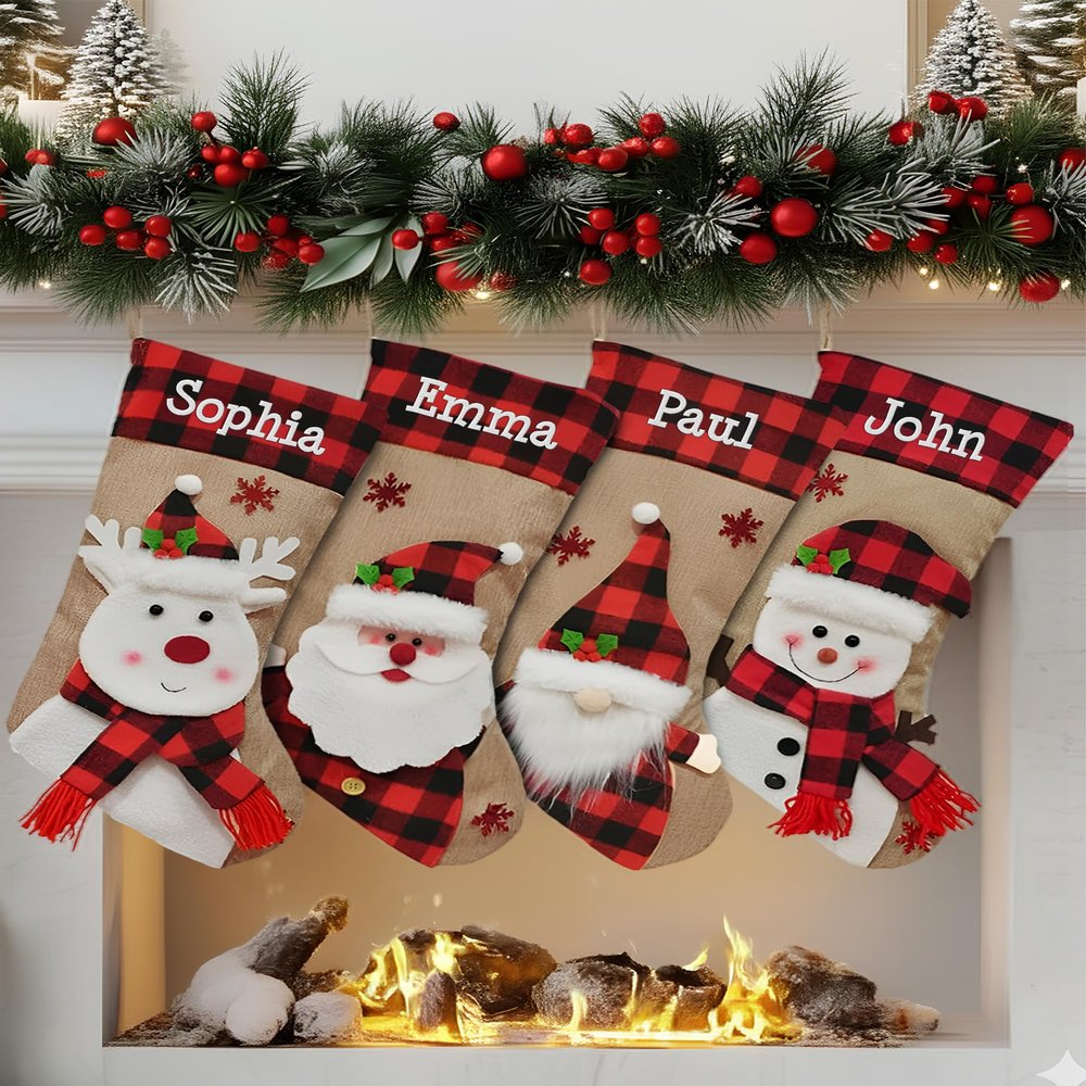 Printualist Personalized Christmas Stockings - Custom Embroidered 3D Stocking Your Name Burlap Hanging Fireplace - Santa Snowman Gnome Deer Holiday Family