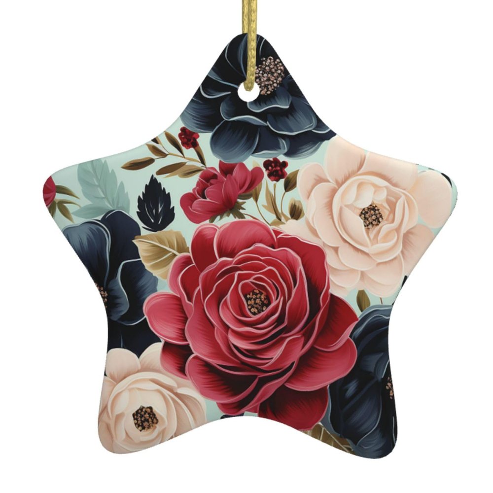 Christmas Tree Maroon and Navy Flowers Ceramic Hanging Star Shape Ornaments with Gold Ribbon Personalized Christmas Ornaments for Xmas Tree Holiday Home Wall Window