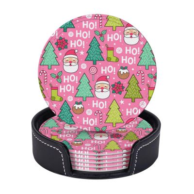 6 Pack Cute Pink Christmas Tree Coaster for Drinks with Holder, New Year Leather Waterproof Coasters for Wooden Table Coffee Table Dinning Bar Desk Decor, Round