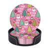 6 Pack Cute Pink Christmas Tree Coaster for Drinks with Holder, New Year Leather Waterproof Coasters for Wooden Table Coffee Table Dinning Bar Desk Decor, Round view 1