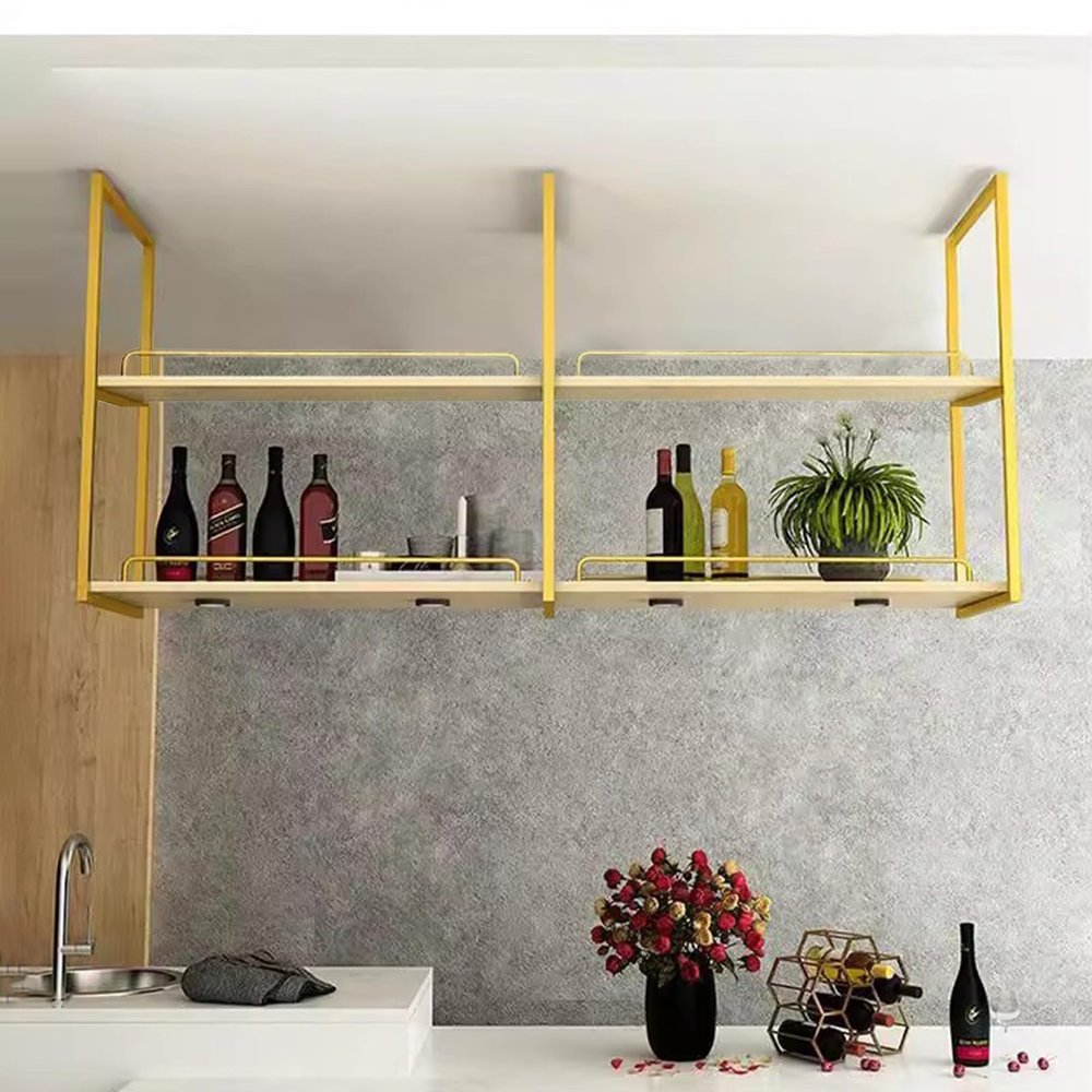Ceiling Hanging Shelf Wooden Floating Shelves, 2 Tier Hanging Plant Flower Pot Stand Metal Storage Rack Wall Shelf for Bar Kitchen Restaurant, with Guardrail (Size : 140x30x80cm)