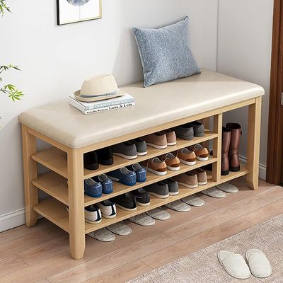 HOBIBA Organizer Entryway Shoe Rack Bench,3 Tier Shoe Bench for Hallway,Shoe Bench Rack with Storage with Padded Seat 100x30x52cm (Size:100x30x52cm,Color:Wood Color)