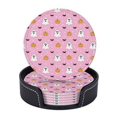 6 Pack Light Pink Cute Ghost Coaster for Drinks with Holder, Country Farmhouse Waterproof Non-Slip Leather Coasters for Wooden Table Coffee Table Dinning Bar Desk Decor, Round