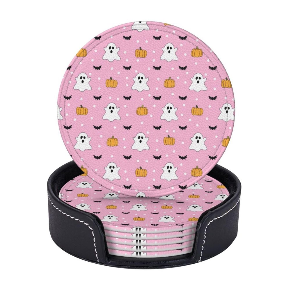 6 Pack Light Pink Cute Ghost Coaster for Drinks with Holder, Country Farmhouse Waterproof Non-Slip Leather Coasters for Wooden Table Coffee Table Dinning Bar Desk Decor, Round