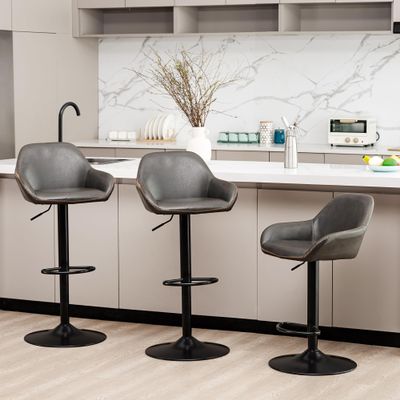 Glitzhome Bar Stools Set of 3, Mid Century Modern Leatherette Adjustable Bar Chair with Back and Foot Rest, Swivel Arm for Kitchen Island Livingroom, Dark Grey