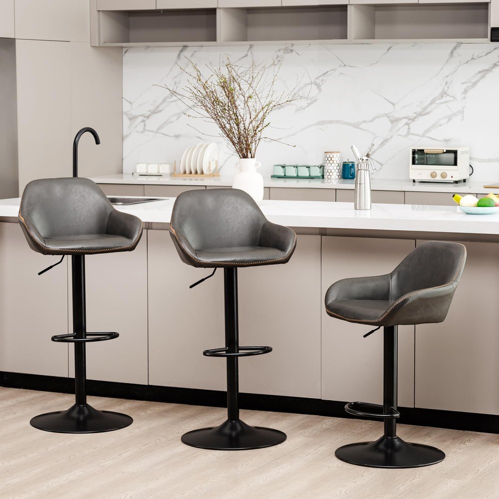 Glitzhome Bar Stools Set of 3, Mid Century Modern Leatherette Adjustable Bar Chair with Back and Foot Rest, Swivel Arm for Kitchen Island Livingroom, Dark Grey
