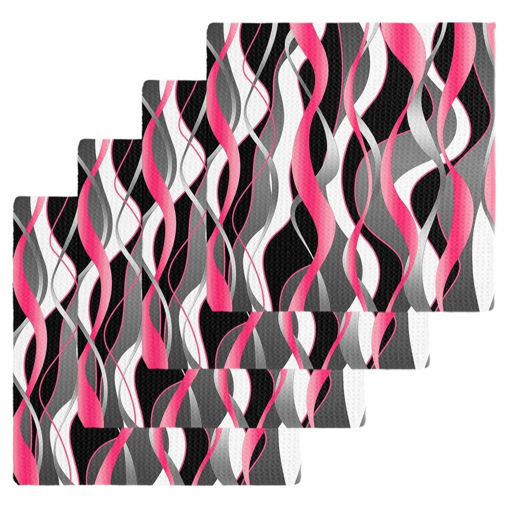 Pink Black Waffle Kitchen Dish Towels Set of 4,Super Absorbent & Quick Dry Hair Hand Bath Tea Golf Microfiber Towel,Yoga Gym Workout Towel Washcloth,Geometric Contemporary Grey White Stripe 12"x12"