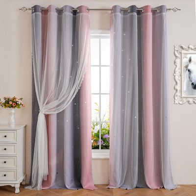 LOHUT Pink Star 84 inches Length Kids Curtains for Bedroom Star Blackout Window Curtain for Girls Living Room Darkening Romantic Nursery Window Curtain 2 Panels, Pink Grey, 52W x 84L
