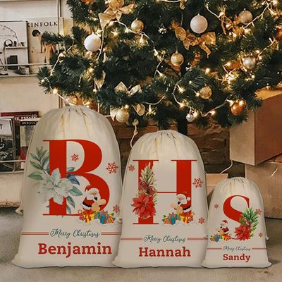 KafePross Personalized Santa Sack with Name for Kids Presents, Giant Cotton Linen Christmas Bag with Drawstring, Large Toy Bag with Initial & Name
