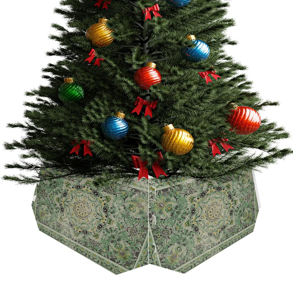 Retro Green Floral Christmas Tree Collar Tree Box Stand Cover,Artificial/Pencil/Silm/Skinny Tree Ring 4 Packs Collapsible Tree Skirt for Xmas Tree,Rustic Tribal Ethnic Bohemian Farmhouse 14.5"x10"
