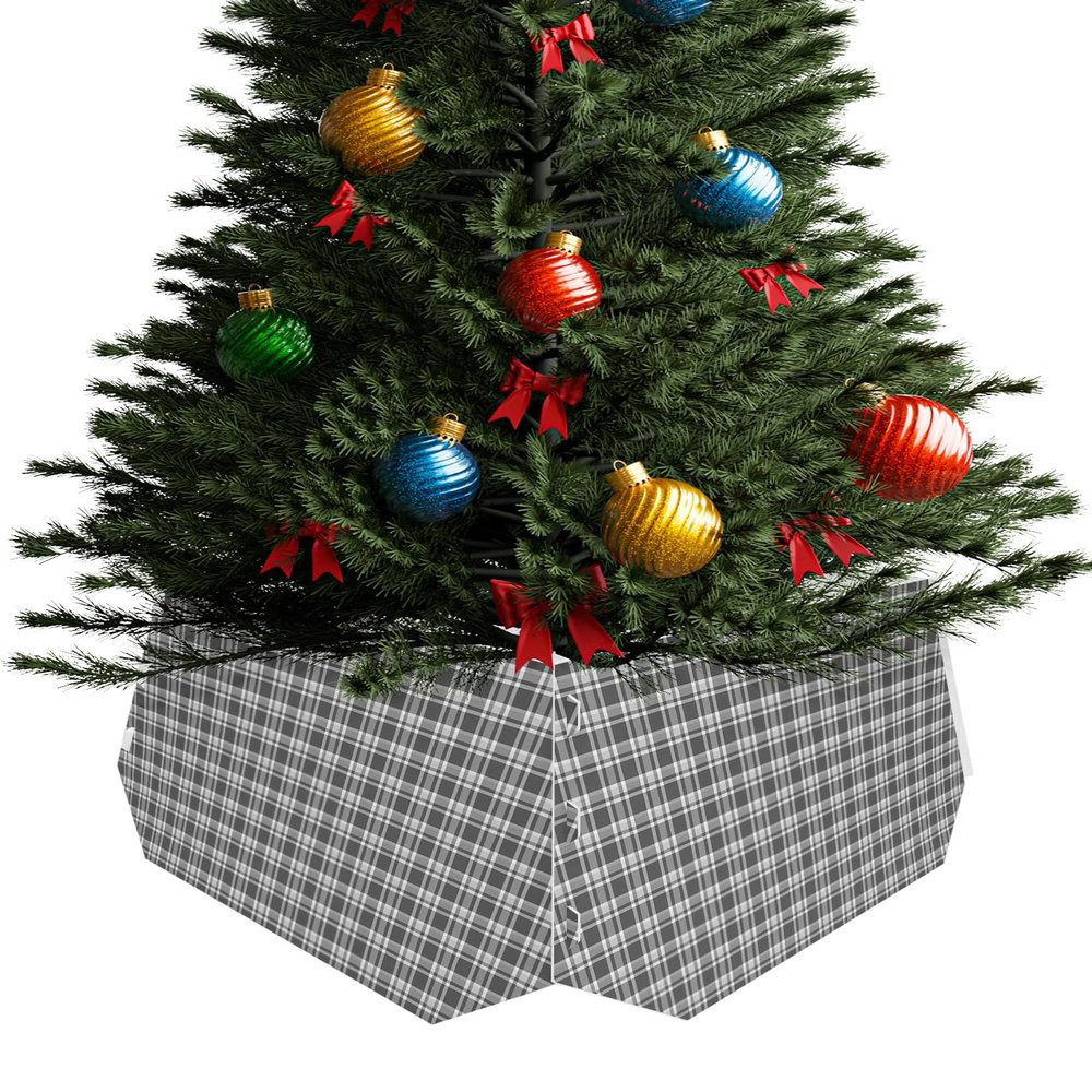 Geometric Lattice Christmas Tree Collar Tree Box Stand Cover,Artificial/Pencil/Silm/Skinny Tree Ring 4 Packs Collapsible Tree Skirt for Xmas Tree,Black Grey Classic Farmhouse Plaid 14.5"x10"