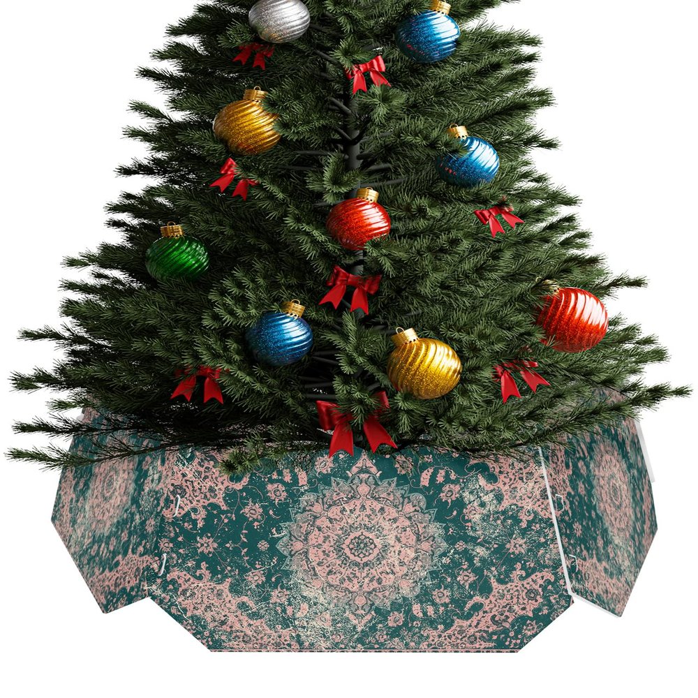 Boho Modern Christmas Tree Collar Tree Box Stand Cover,Artificial/Pencil/Silm/Skinny Tree Ring 6 Packs Collapsible Tree Skirt for Xmas Tree Decorations,Green Abstract Minimalist Flower 14.5"x10"