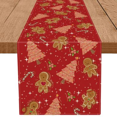 Gingerbread Christmas Decorations Red Table Runner Pink Tree Glitter Xmas Winter Candy Cane Holiday Kitchen Dining Merry Christmas Table Decor 13x72 in
