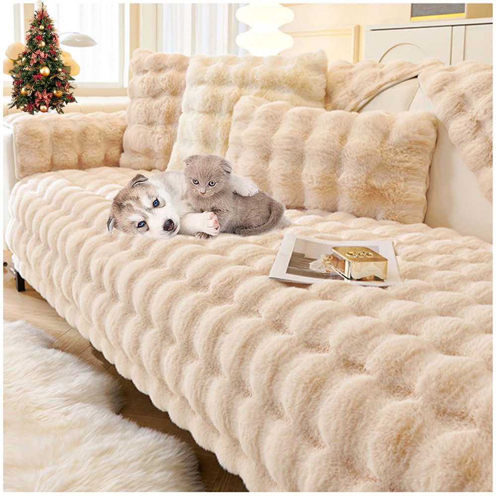 Thick Rabbit Plush Sofa Covers 1 2 3 Seater, Non-Slip Sofa Slipcovers for Corner L Shape, Sofa Cover Warm Velvet Sofa Cushion Covers, Washable for Sectional Couch (Camel,70x180cm)