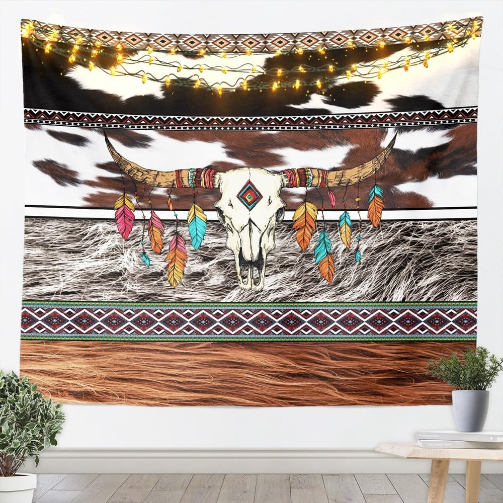 Cow Skull Kids Tapestry,Cow Fur Cowhide Print Wall Tapestries,Boys Girls Adults Room Decor,Aztec Geometric Patchwork Boho Wall Hanging,Rustic Farmhouse Home Wall Decor,Medium 59.1 x 59.1 Inches