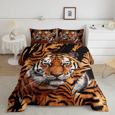 Tiger Print Kids Comforter Set Full Size,Tiger Fur Skin Stripes Texture Bedding Set,Boys Girls Adults Room Decor,Wild Animals Wildlife Rustic Down Comforter,Brown Retro Duvet Insert,2 Pillowcases