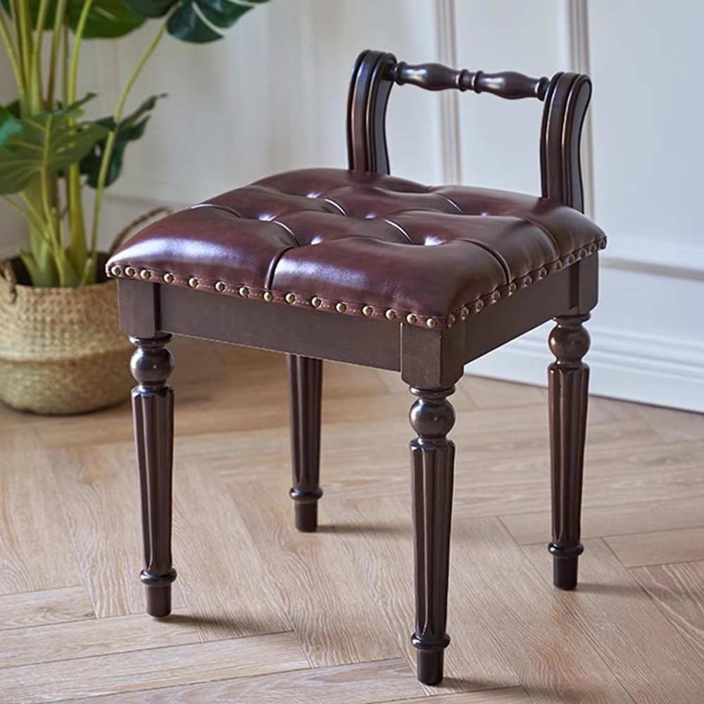 Topjia Low Back Vanity Bench Stool with Padded Cushion,Leather Retro Makeup Stool, Solid Wood Carving Legs Piano Bench for Makeup Room Living Room Beauty Salon(Seat Height 45cm(17.7in), Coffee C)