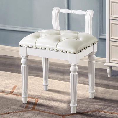 Topjia Low Back Vanity Bench Stool with Padded Cushion,Leather Retro Makeup Stool, Solid Wood Carving Legs Piano Bench for Makeup Room Living Room Beauty Salon(Seat Height 45cm(17.7in), White)