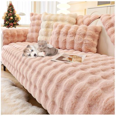 Thick Rabbit Plush Sofa Covers 1 2 3 Seater, Non-Slip Sofa Slipcovers for Corner L Shape, Sofa Cover Warm Velvet Sofa Cushion Covers, Washable for Sectional Couch (Pink,90x210cm)