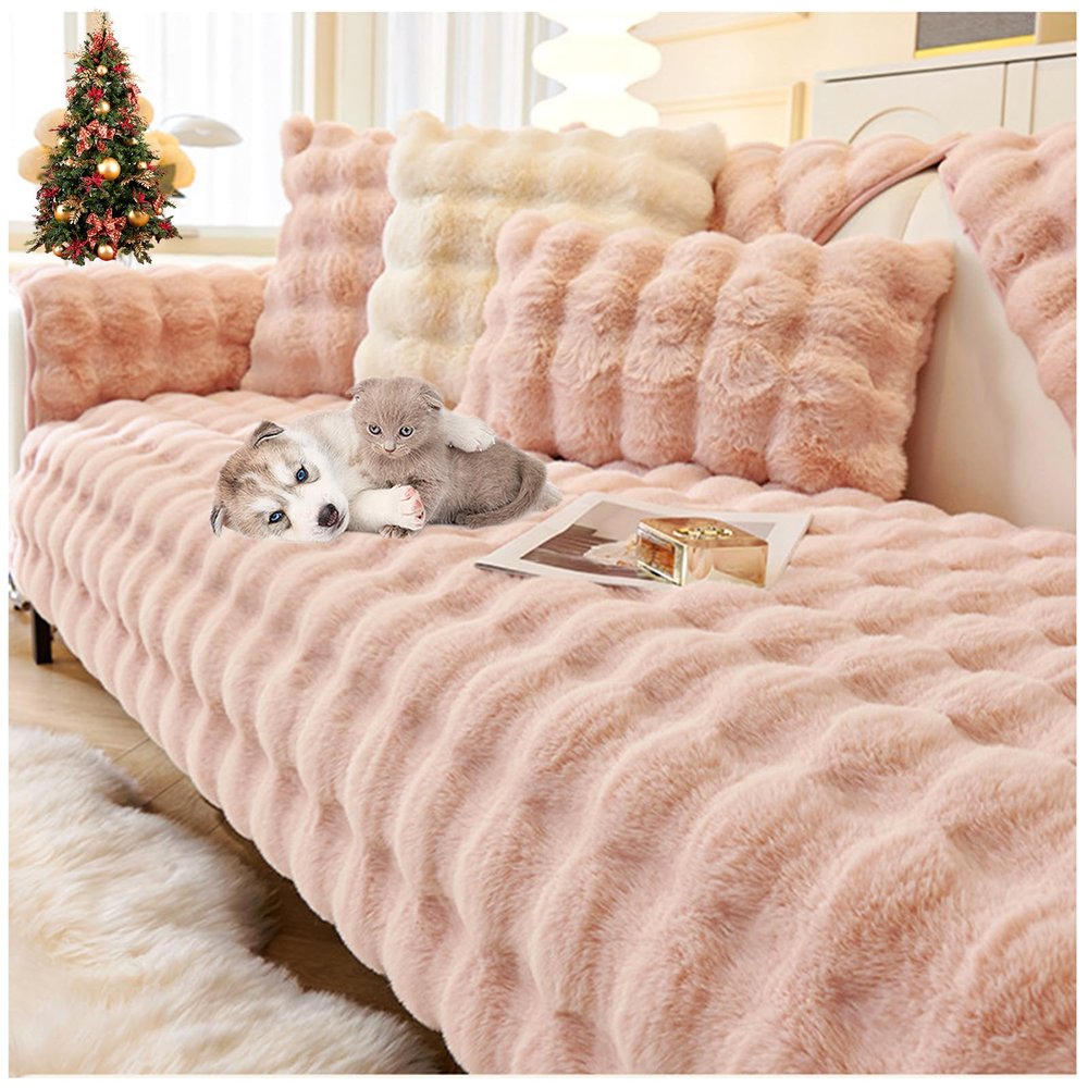 Thick Rabbit Plush Sofa Covers 1 2 3 Seater, Non-Slip Sofa Slipcovers for Corner L Shape, Sofa Cover Warm Velvet Sofa Cushion Covers, Washable for Sectional Couch (Pink,90x210cm)