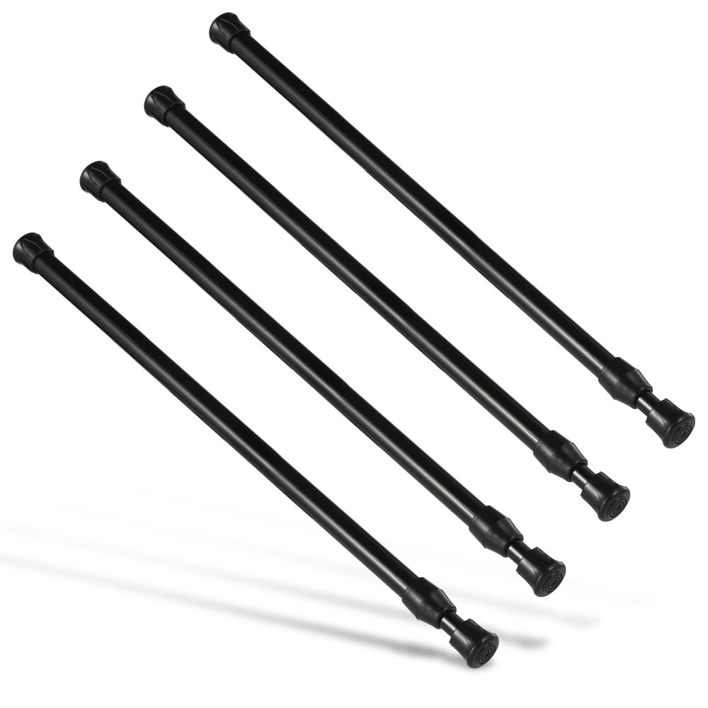 Goowin 4 Pcs Tension Curtain Rod, No Drilling Short Spring Rod, Rustproof Small Tension Rod, Mini Thin Tension Rods for Closet, Cabinets, Cupboard, Kitchen (Black, 16-28 inch)