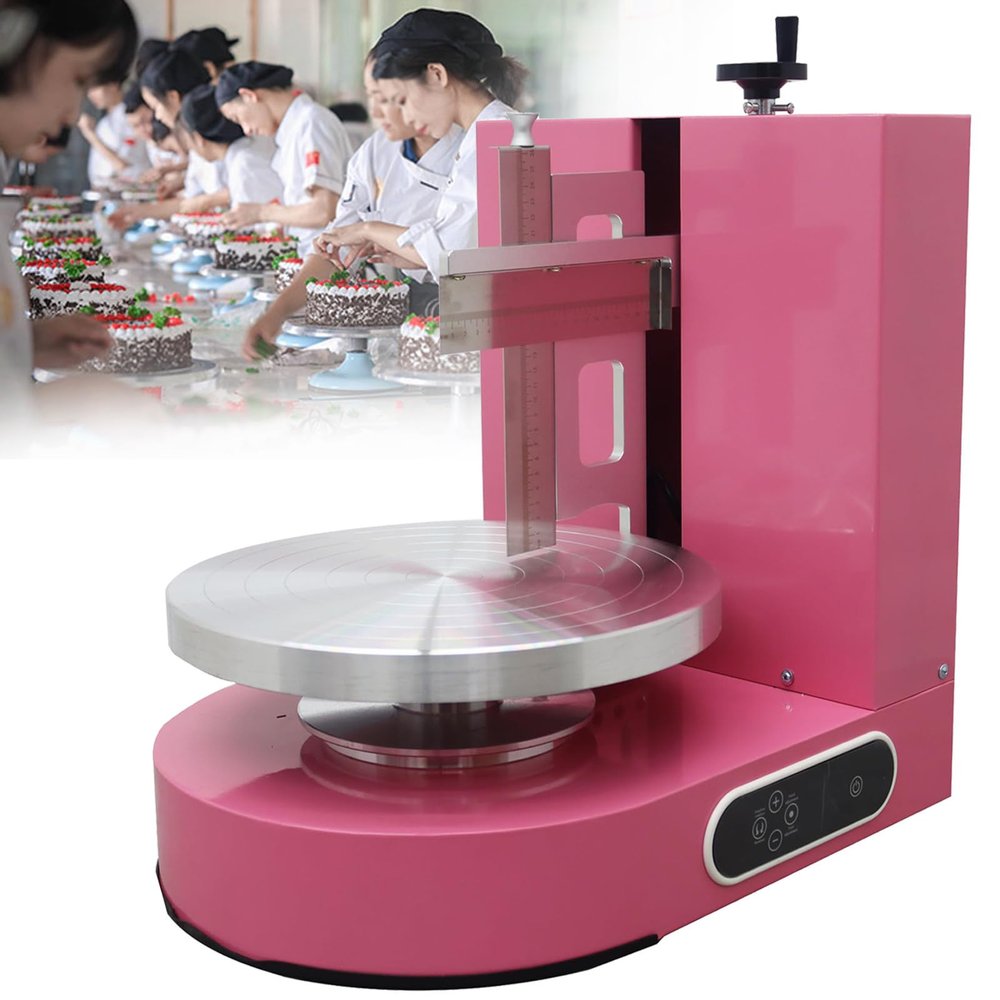 4-12in Baking Birthday Cake Tools Automatic Birthday Cake Smoothing Coating Machine Cakes Plastering Cream Coating Filling Machine,Adjustable Rotating Speed,Pink