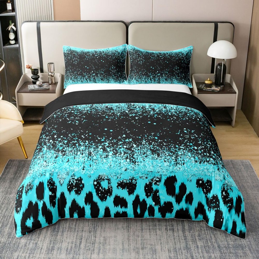 Ombre Teal Bedding Set Full - Black Leopard Glitter 100% Cotton Duvet Cover - Leopard Print Comforter Cover for Boys Girls - Shiny Print Bedspread Quilt Cover 3Pcs