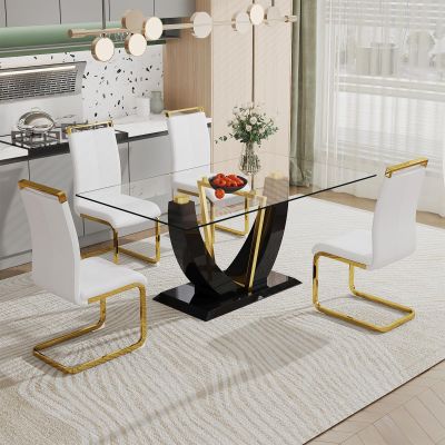 Ebullient 63" Glass Dining Table Set for 4, Modern Dining Room Table Set for 4, 0.39 Thick Tempered Glass Table Top and Durable MDF Base, with 4 PU Leather Upholstered Dining Chair