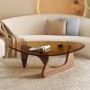 Triangle Coffee Table Glass Top,Mid-Century Modern Coffee Table for Living Room,Retro Glass Coffee Table Wooden Base,Clear Oval Coffee Tables(36 * 25.5 * 16 inch, Brown-Brown) view 1