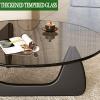 Triangle Coffee Table Glass Top,Mid-Century Modern Coffee Table for Living Room,Retro Glass Coffee Table Wooden Base,Clear Oval Coffee Tables(36 * 25.5 * 16 inch, Brown-Brown) view 3