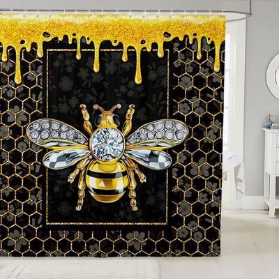 Cartoon Hornet Kids Shower Curtains,Insect Geometric Honeycomb Hexagon Bathroom Curtains for Boys Girls Adults,Flowers Geometric Black Golden Waterproof Curtains,12 Hooks Suits,72" W x 78" L