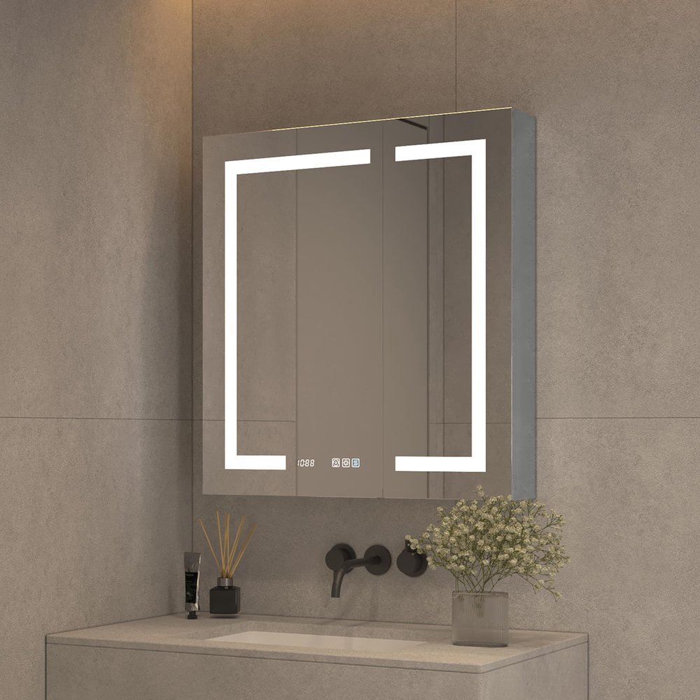 Liviza 30" X 32" Bathroom Medicine Cabinet with LED Mirror, Recessed or Surface LED Bathroom Medicine Cabinet with Clock & Temp Display, Outlets & USBs, Double Opening Door