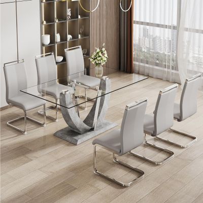 Ebullient 67" Glass Dining Table Set for 6, Modern Dining Room Table Set for 6, 0.39 Thick Tempered Glass Table Top and Durable MDF Base, with 6 PU Leather Upholstered Dining Chairs