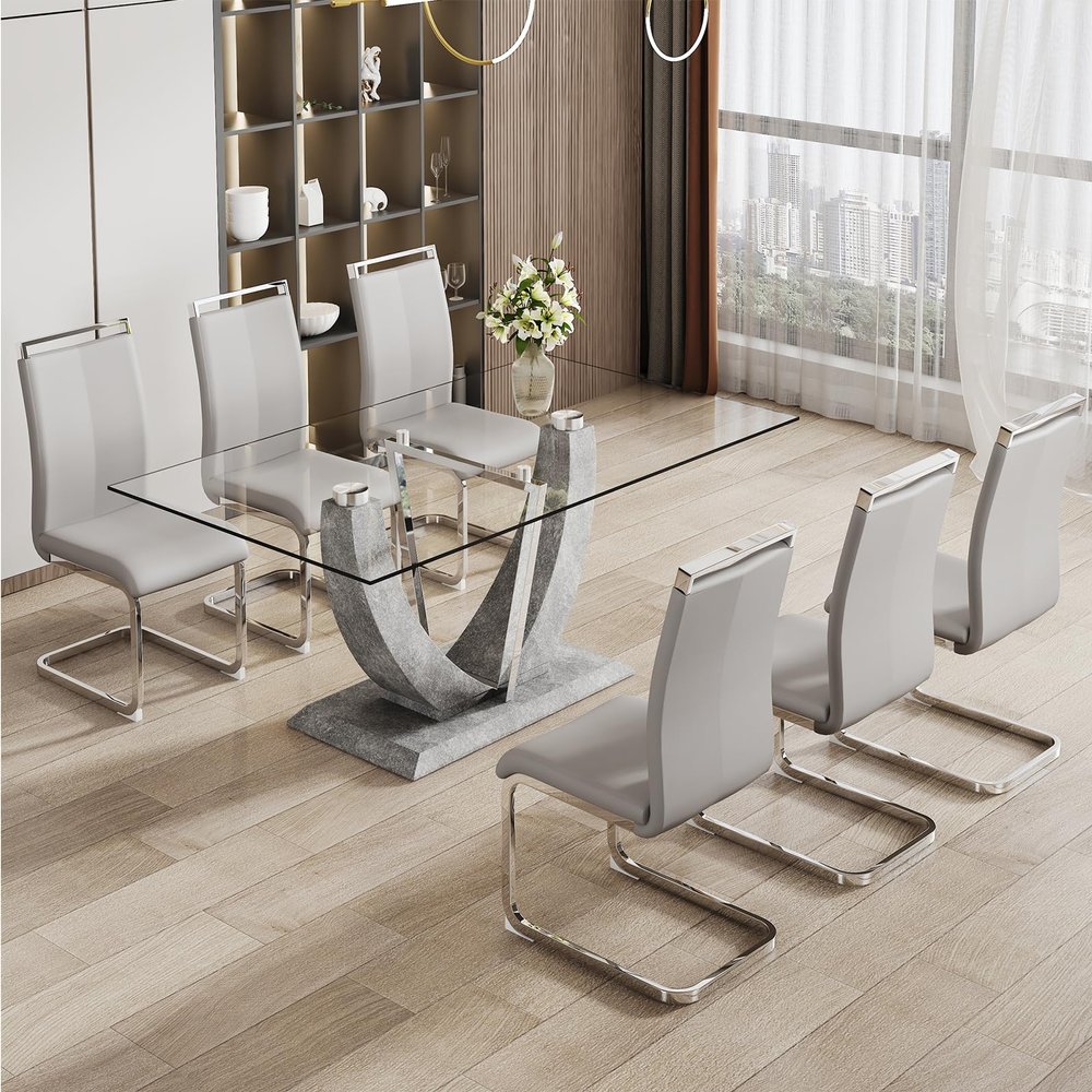 Ebullient 67" Glass Dining Table Set for 6, Modern Dining Room Table Set for 6, 0.39 Thick Tempered Glass Table Top and Durable MDF Base, with 6 PU Leather Upholstered Dining Chairs