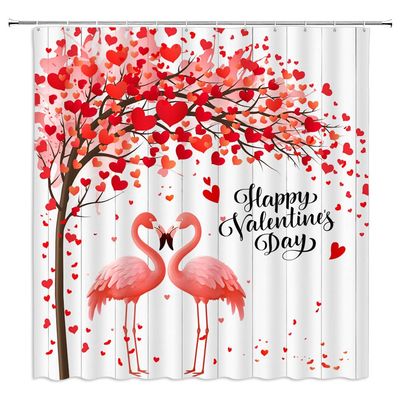 YSSFAV Happy Valentine's Day Shower Curtain Pink Flamingos Red Heart Romantic Lover Couple Bathroom Decor Curtains Set with Hooks