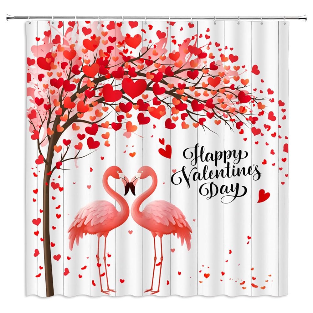 YSSFAV Happy Valentine's Day Shower Curtain Pink Flamingos Red Heart Romantic Lover Couple Bathroom Decor Curtains Set with Hooks