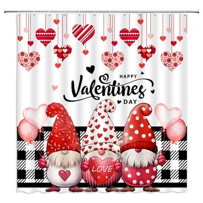 YSSFAV Happy Valentine's Day Shower Curtain Cute Gnomes Black White Plaid Romantic Love Couple Bathroom Decor Curtains Set with Hooks